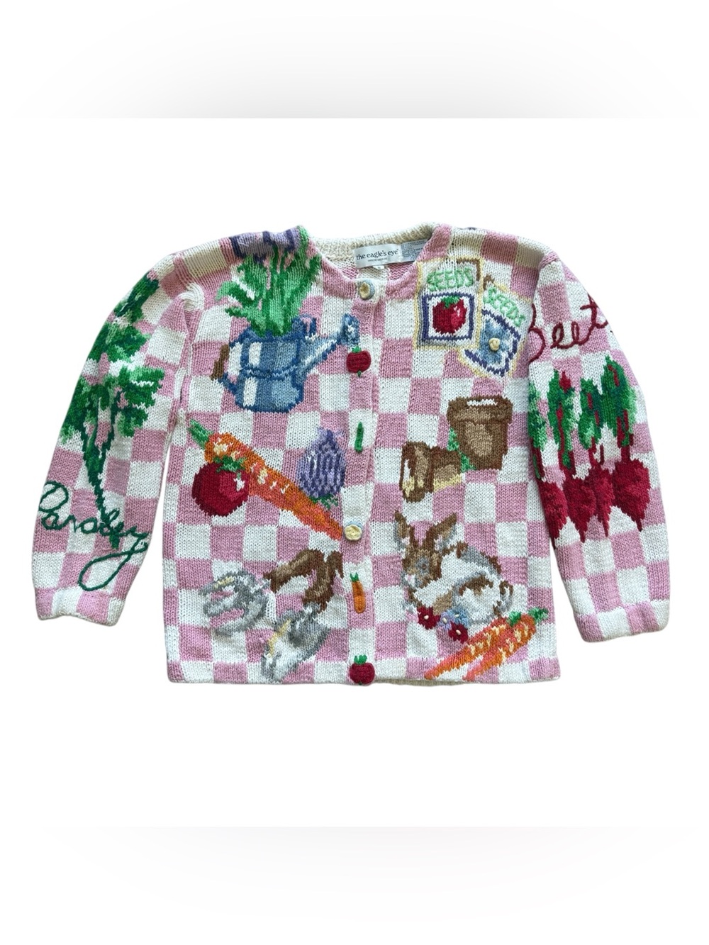 Vintage 1992 The Eagle’s Eye Garden Bunny Veggie Pink Checker Novelty Cardigan S